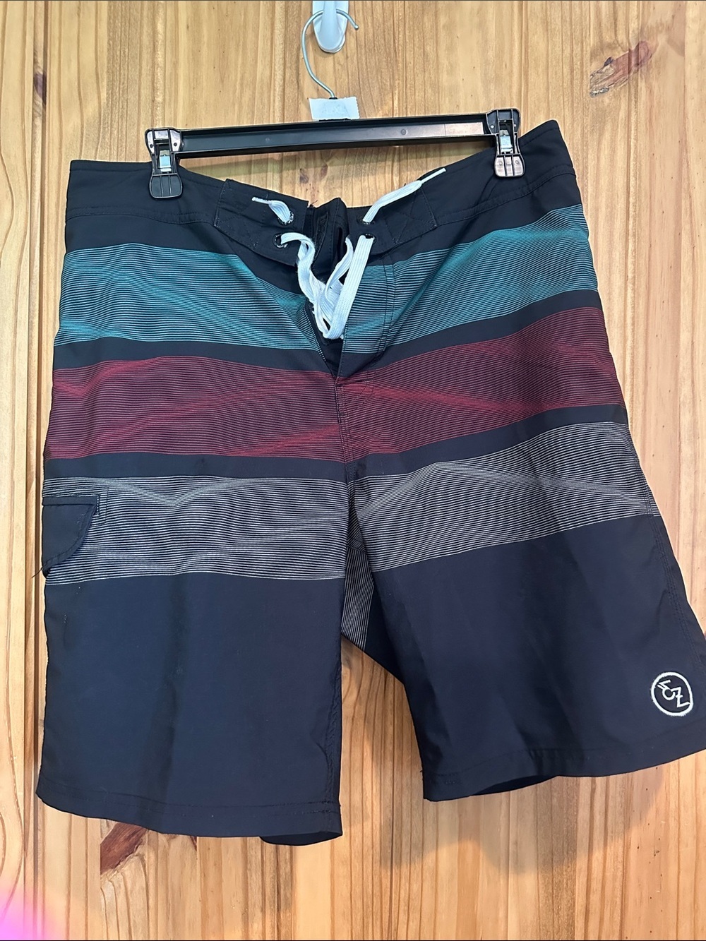 Ezekiel Striped Black Board Shorts with Teal & Maroon Bands